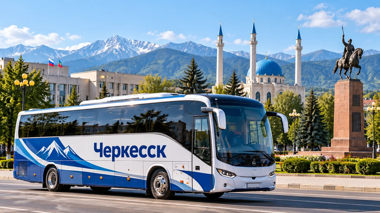 Брендированный пассажирский автобус Черкесск на фоне города